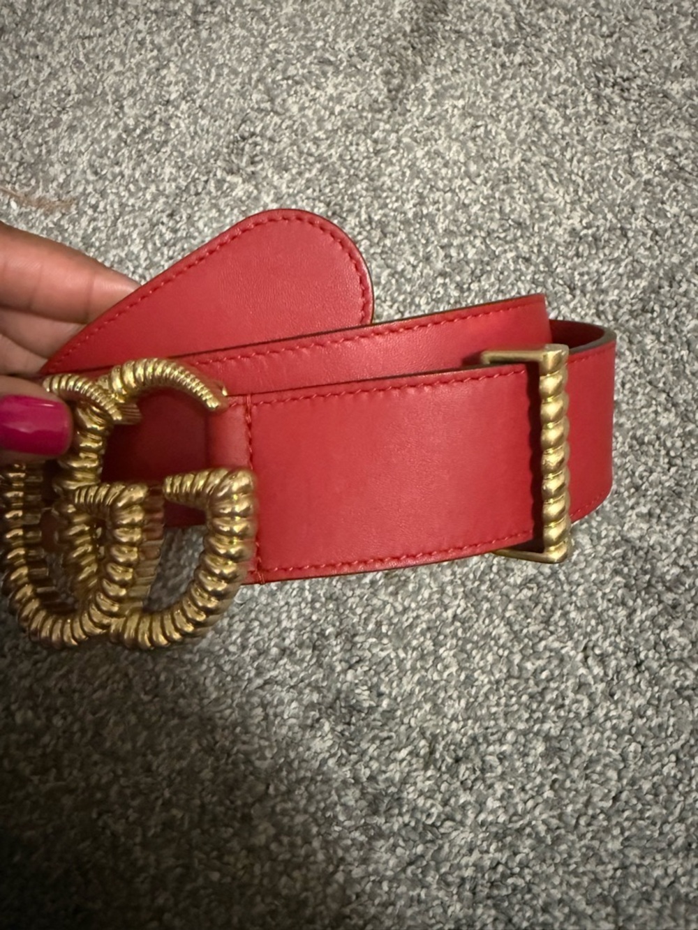 Gucci Red Marmot Leather Belt Gold Double Size 75 - Picture 3 of 6